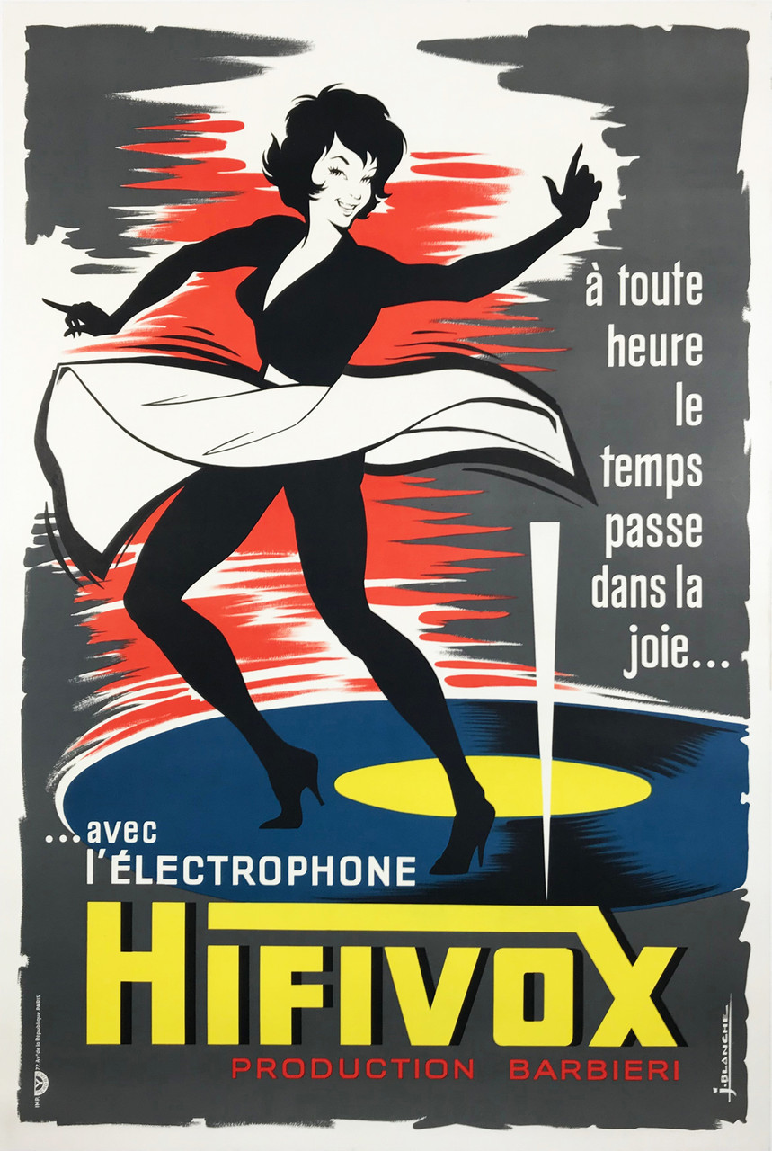 Hifivox L'Electrophone by J. Blanche Original 1955 Vintage French Record Player Advertisement Poster Linen Backed.