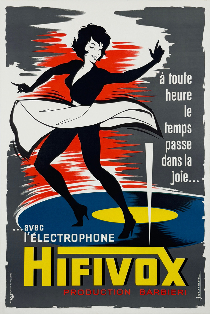 Hifivox L'Electrophone Poster by J. Blanche Original 1955 Vintage French Record Player Advertisement Linen Backed.