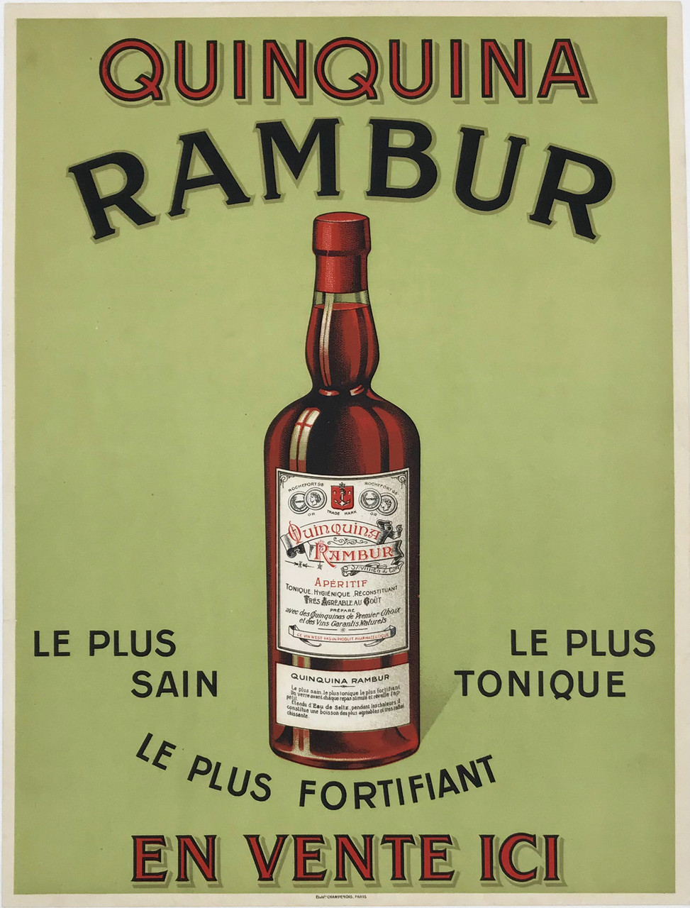 Quinquina Rambur Apertif Original 1920 Vintage French Cordial Company Advertisement Stone Lithograph Poster Linen Backed. Le Plus Sain - Le Plus Tonic - Le Plus Fortifiant