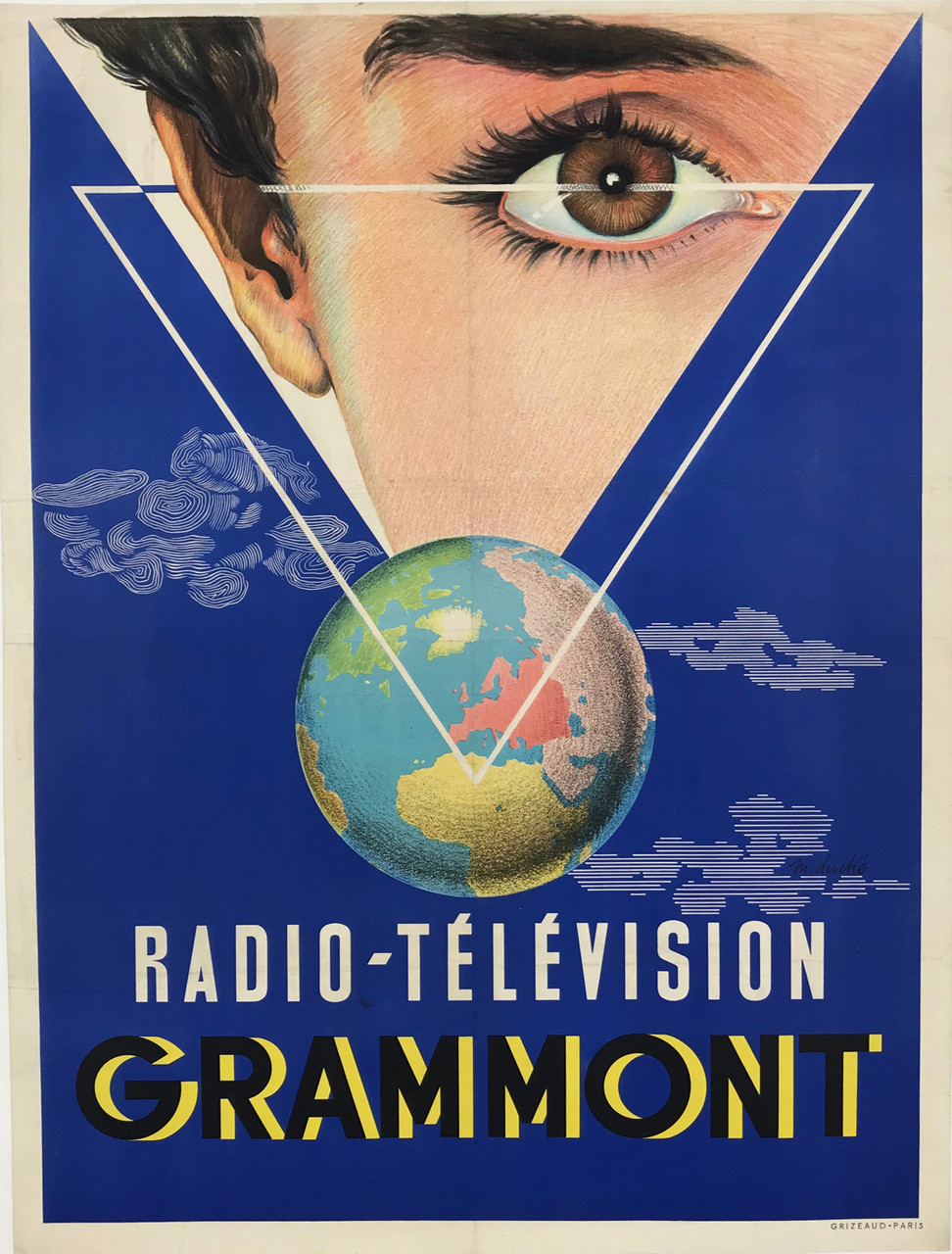 Radio Television Grammont by M. Duche Original 1950 Vintage French Electronics Advertisement Lithograph Poster Linen Backed.