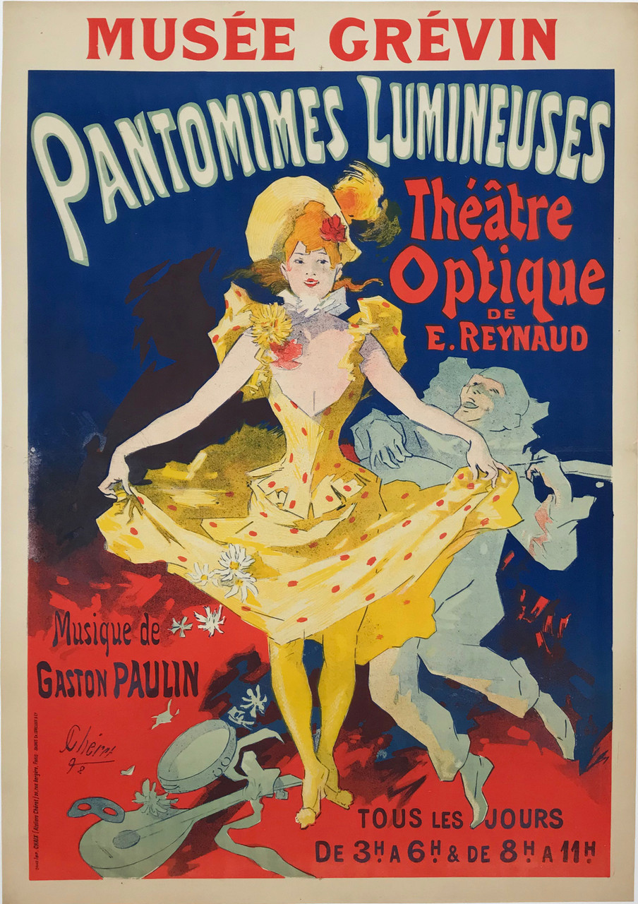 Musee Grevin Pantomimes Lumineuses Theatre Optique by Jules Cheret Original 1892 French Stone Lithograph Antique Poster Linen Backed. Advertising an early form of movie that was basically a projected shadow.