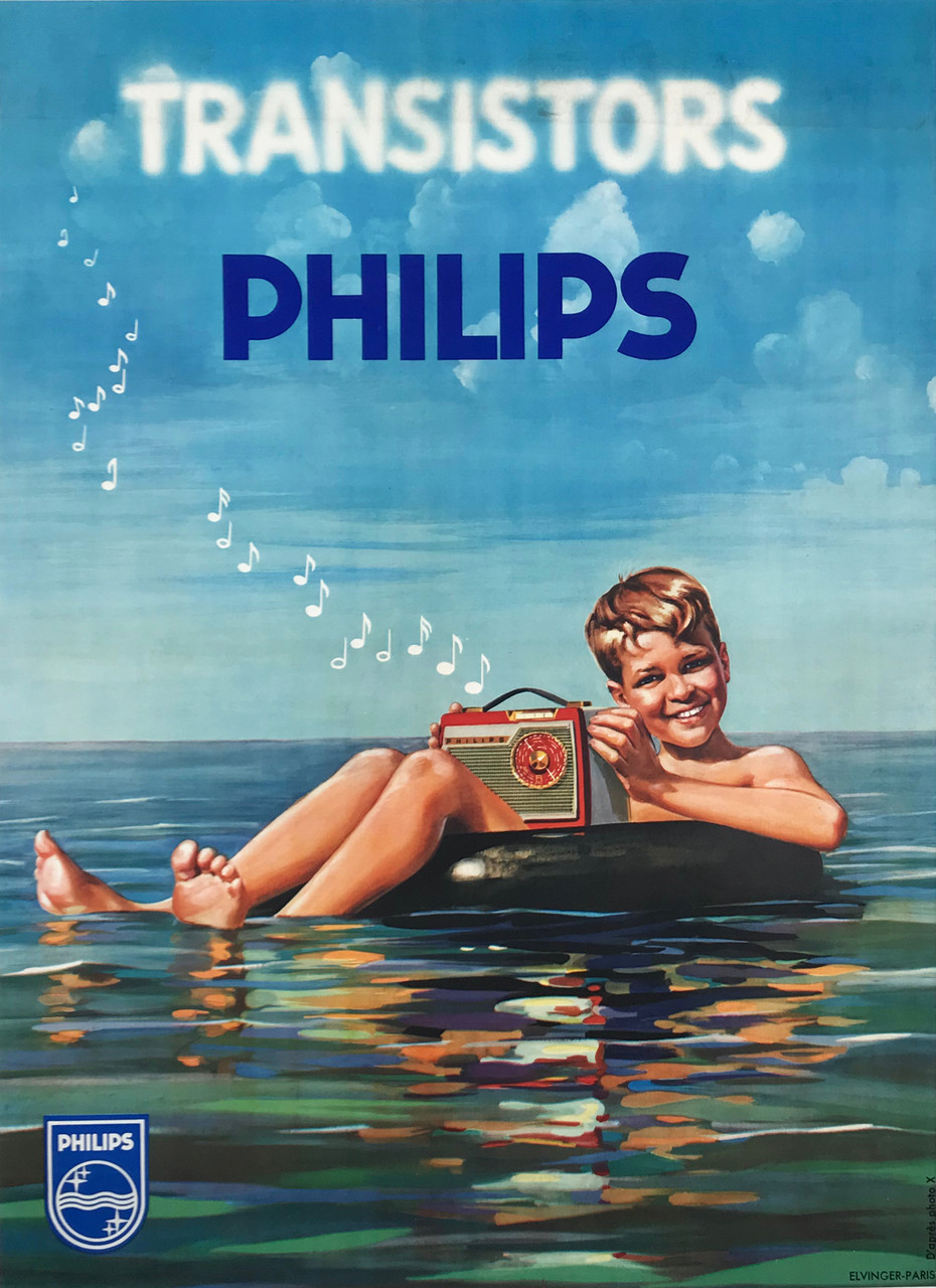 Philips Transistors Radio Poster By Elvinger Original 1958 Vintage French Lithograph Radio Company Advertisement Linen Backed.