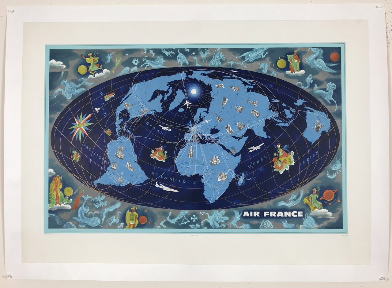 Air France Planisphere Map by Lucien Boucher Original 1962 Vintage French Passenger Plane Advertisement Lithography Poster Linen Backed