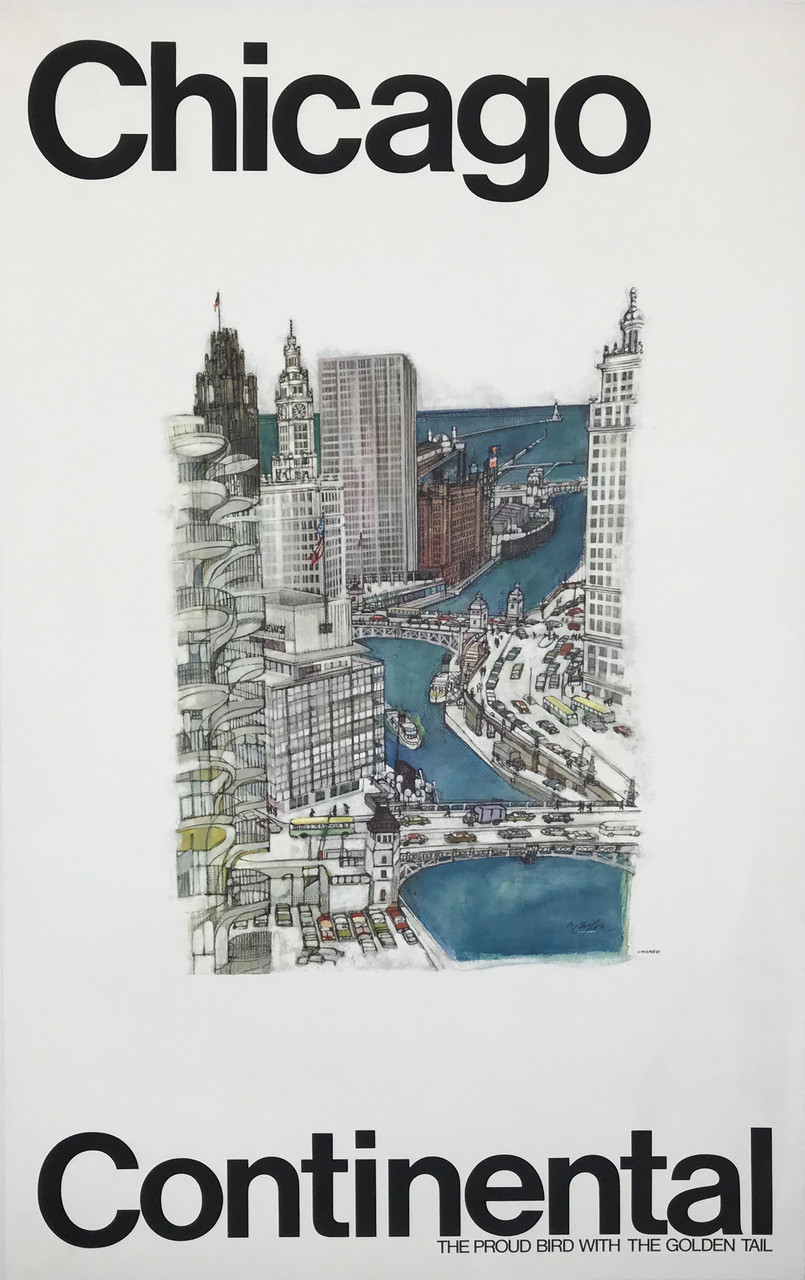 Chicago Continental Airline Poster by McMahon Original 1970 Vintage American Passenger Plane Travel Advertisement Linen Backed. Proud Bird With The Golden Tail