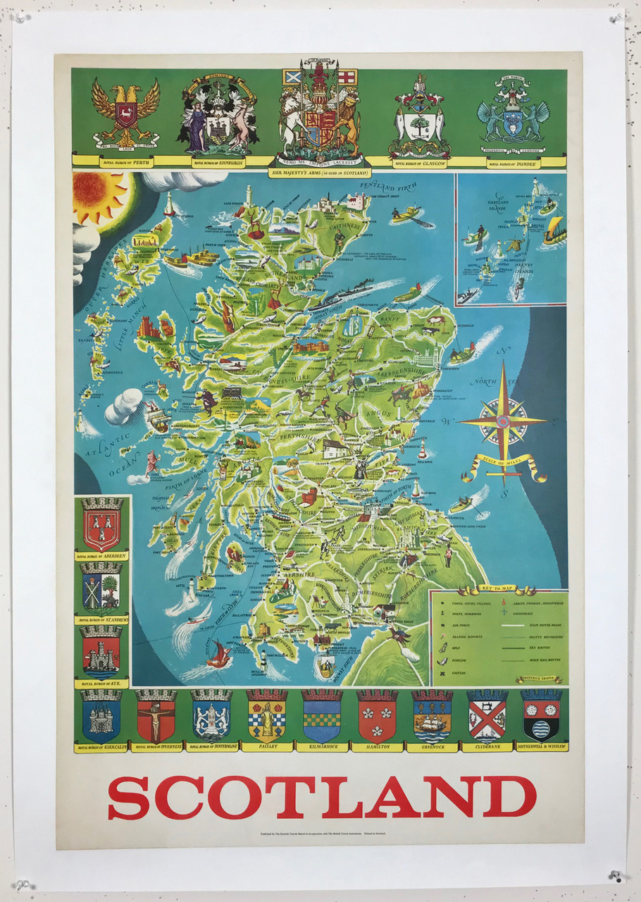 Illustrated Scotland Travel Map by Frederick Griffin Original 1950's Vintage Scotland Poster Linen Backed.