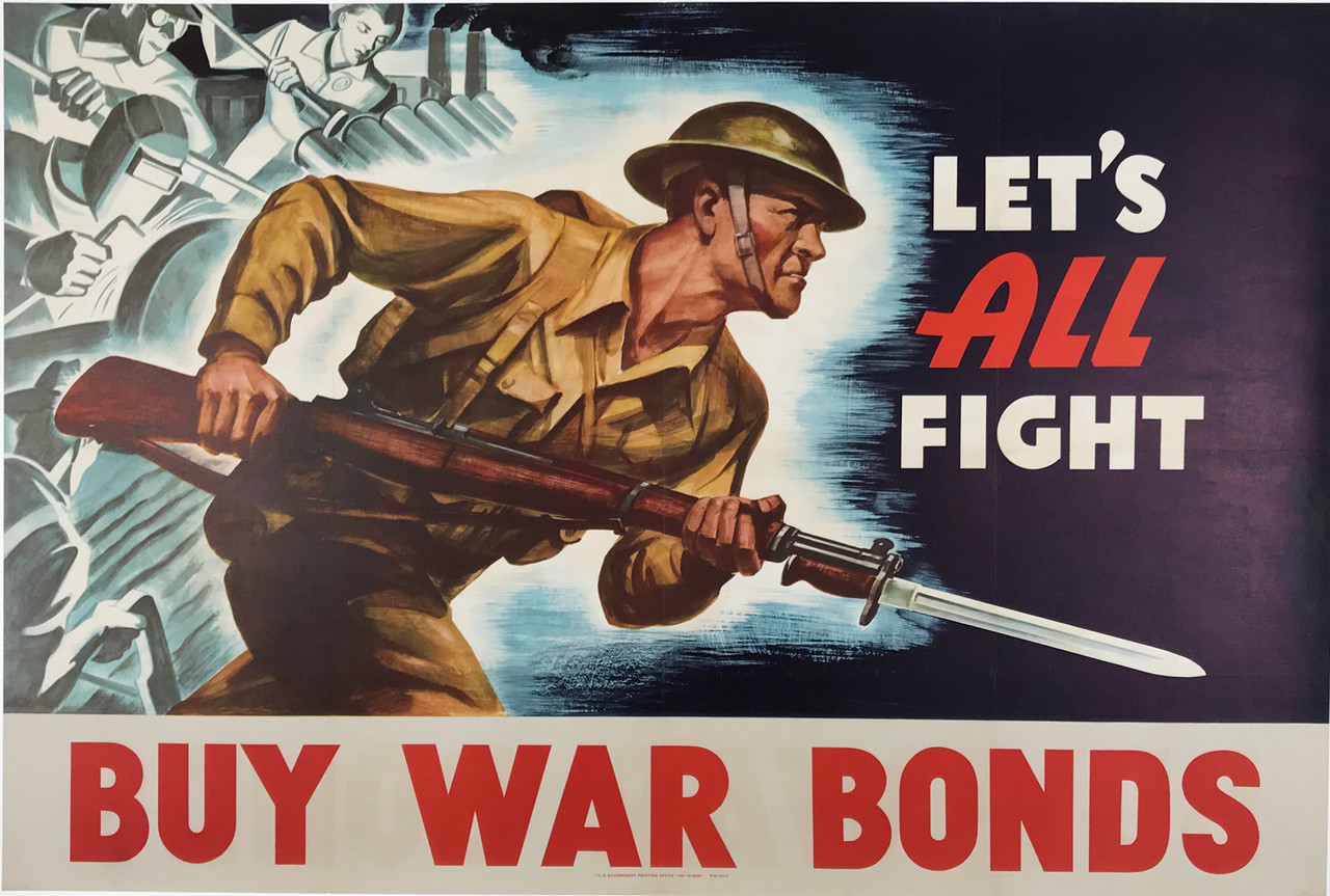 Let's All Fight Buy War Bonds Original 1942 WWII Vintage American Propaganda Poster Linen Backed.