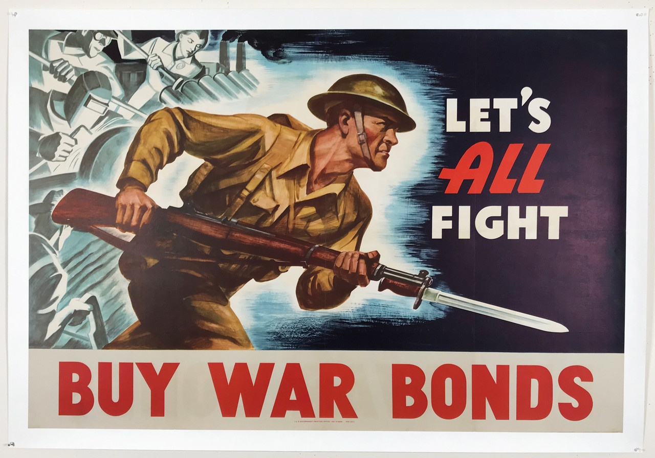 Let's All Fight Buy War Bonds Original 1942 WWII Vintage American Propaganda Poster Linen Backed.