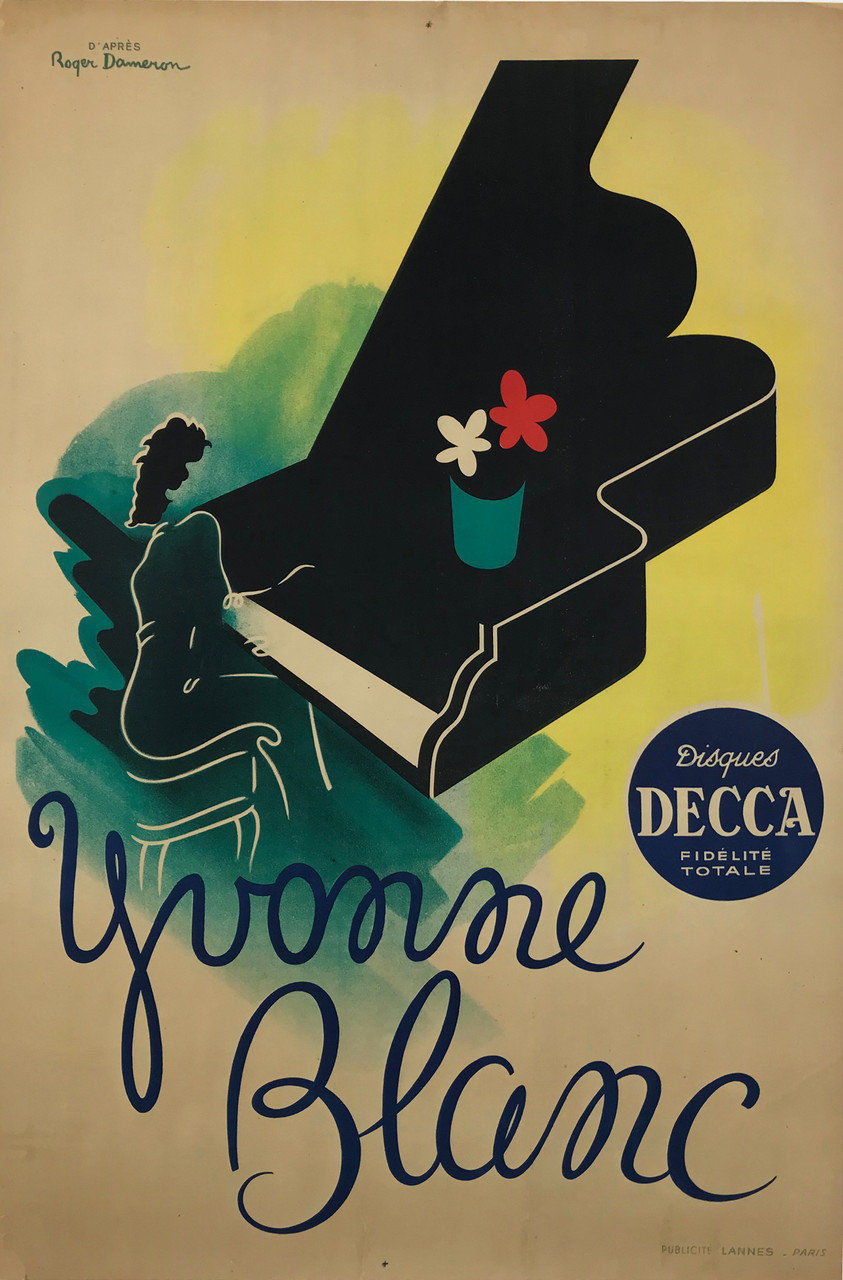 Yvonne Blanc Disques Decca by Roger Dameron Original 1940 Vintage French Jazz Pianist Recording Artist Advertisment Poster Linen Backed. 