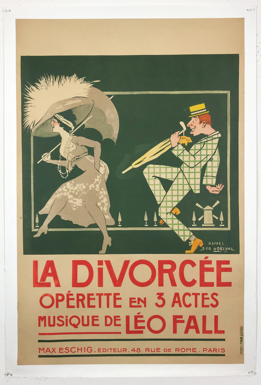La Divorcee Operette by Dorival Original 1911 Antique French Theater Advertisement Stone Lithograph Vintage Poster Linen Backed.