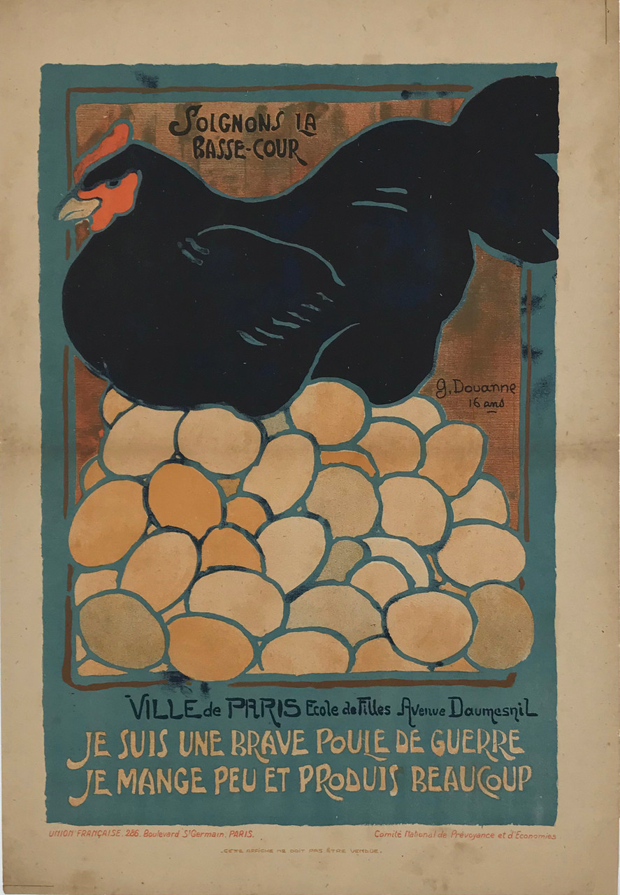 Solgnons La Basse Cour by G. Douanne Original 1916 Vintage French Student Conservation Campaign Stone Lithograph Poster Linen Backed. Composed by French Children for the National Committee of Provident and Savings.