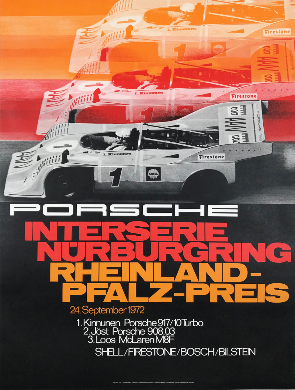 Porsche Interserie Nurburgring Rheinland Pfalz Preis Photo by Reichert Original 1972 Vintage German Strenger Printing Car Racing Promotional Advertisement Lithograph Poster Linen Backed. 