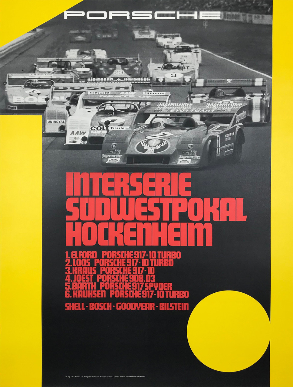 Porsche Interserie Sudwestpokal Hockenheim Poster Photo by Schlegelmich Original 1973 Vintage German Strenger Printing Car Racing  Promotional Advertisement Linen Backed. 
