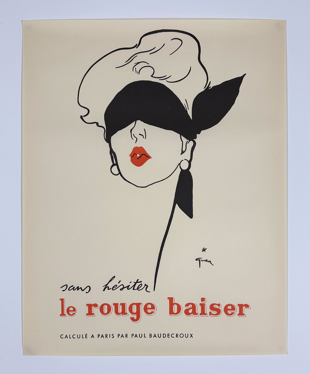 Le Rouge Baiser Poster By Rene Gruau Original 1949 Vintage French Cosmetic Lithograph Advertisement. Real deal first printing evidenced by printing house embelm in the paper.