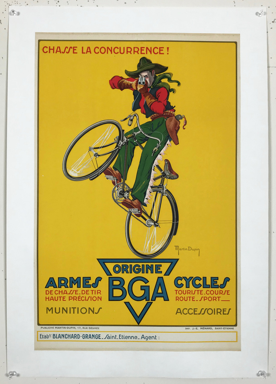 BGA Armes Cycles by Martin Dupin Original 1930 Vintage French Bicycle Advertisement Stone Lithograph Poster Linen Backed. 