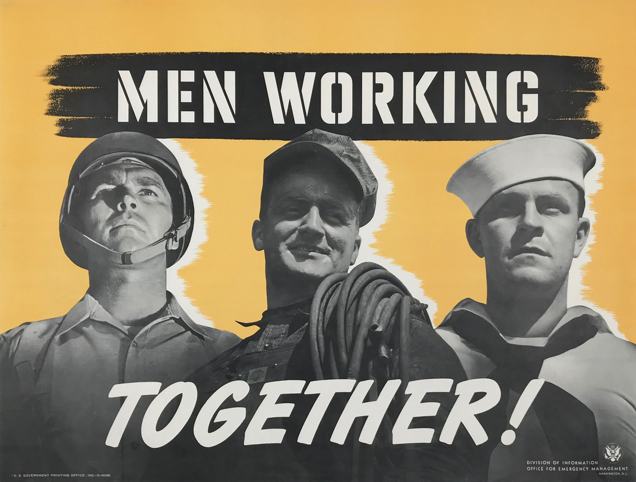 Men Working Together by Alfred Palmer Original 1942 Vintage WWII American Government Propaganda Offset Lithograph Poster Linen Backed.