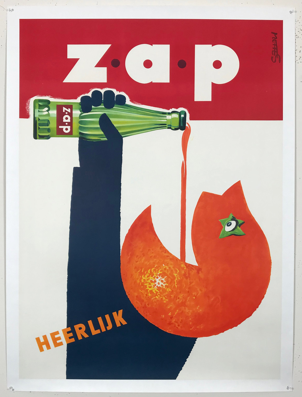 ZAP Soda Heerlijk Poster by Frans Mettes Original 1950 Vintage Dutch Sparkling Orange Drink Company Stone Lithograph Advertisement Linen Backed.
