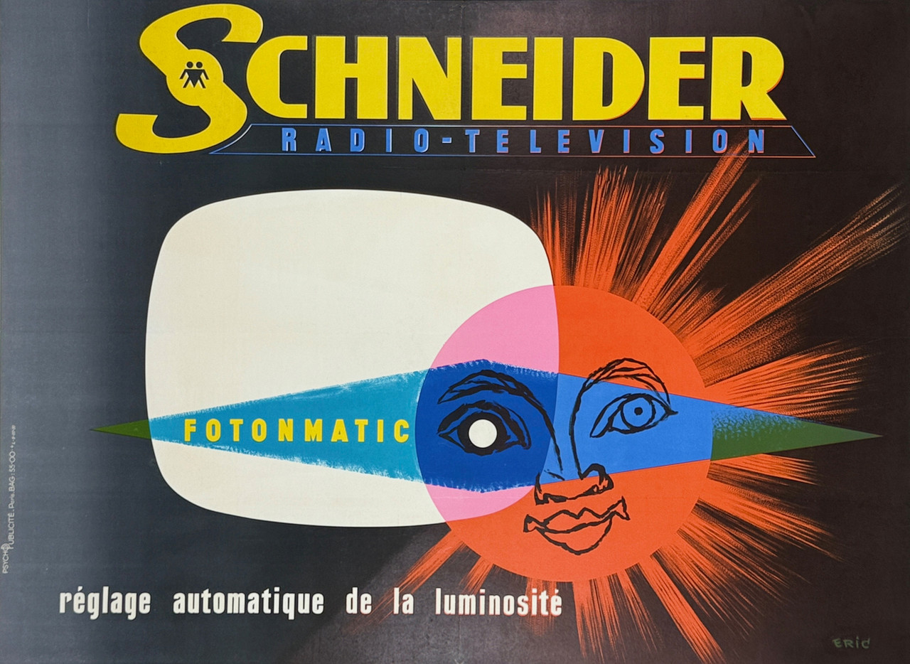 Schneider Radio Television Poster by Eric Original 1955 Vintage French Lithograph Electronics Advertisement Linen Backed.