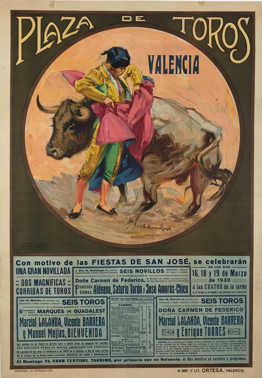 Plaza De Toros Valencia by Carlos Ruano - Llopis Original 1930 Vintage Spanish Bullfight Advertisement Stone Lithograph Poster Linen Backed.