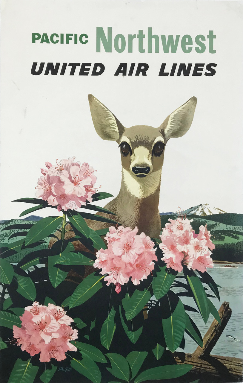  United Air Lines Pacific Northwest by Stan Galli Original 1960  Vintage American Passenger Plane Advertisement Poster Linen Backed. 