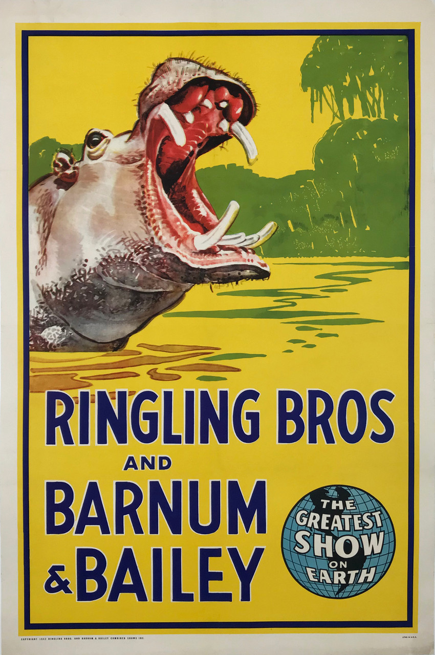 Ringling Bross & Barnum & Bailey The Greatest Show on Earth Poster Original 1942 Vintage American Lithograph Circus Advertisiement Linen Backed. Shows a big hippopotamus in the water.
