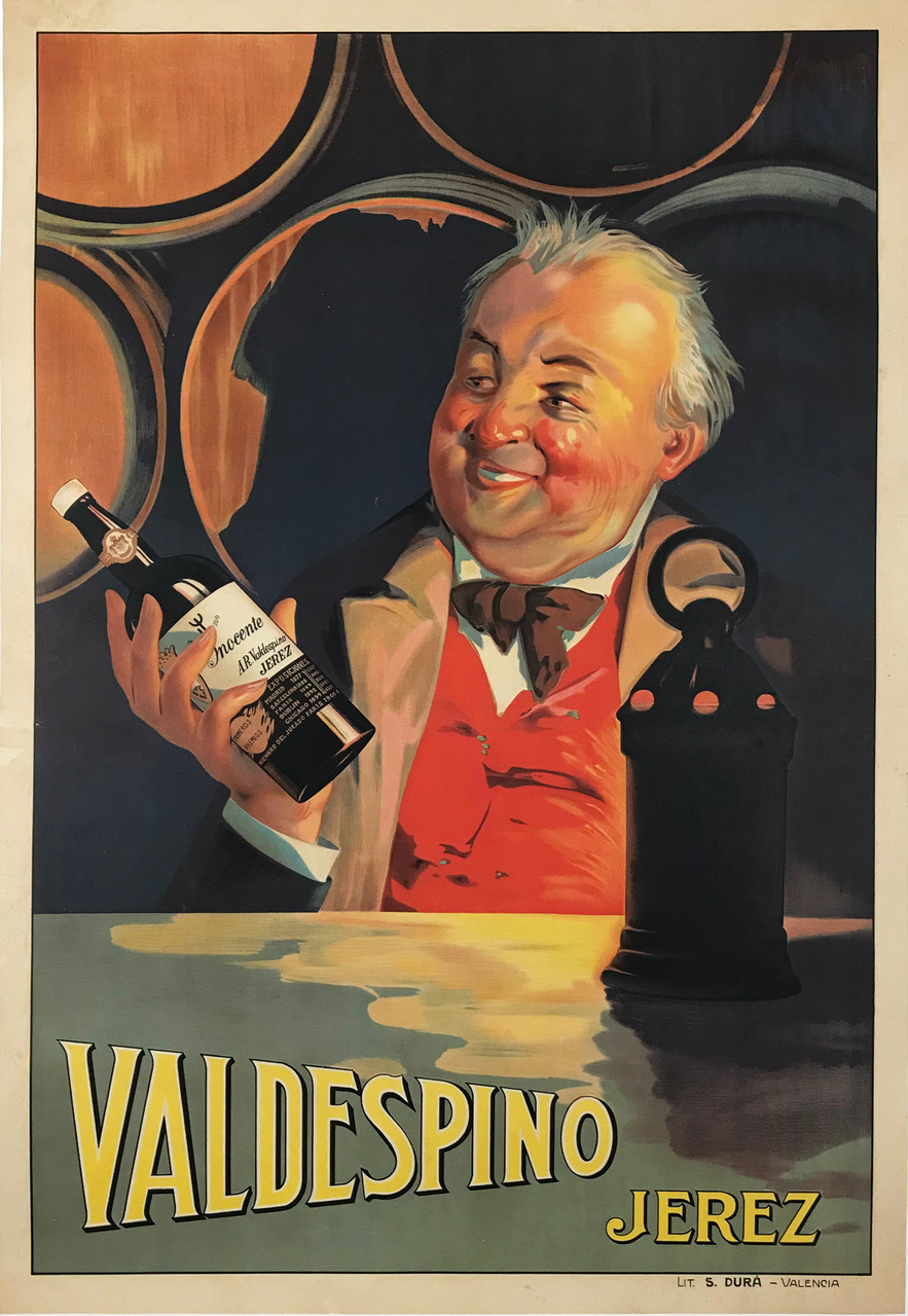 Valdespino Jerez Sherry Wine Poster by S. Dura Original 1927 Vintage Spanish Valencia Vineyard Stone Lithograph Advertisement Linen Backed.