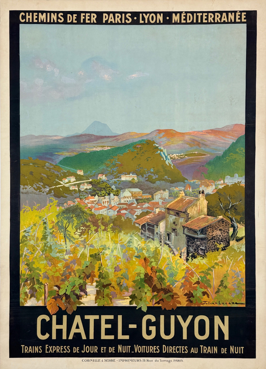 Chatel Guyon PLM Railway Poster by Julien Lacaze Original 1910 Vintage French Stone Lithograph Passenger Train Travel Advertisement Linen Backed. Auvergne-Rhône-Alpes in Central France