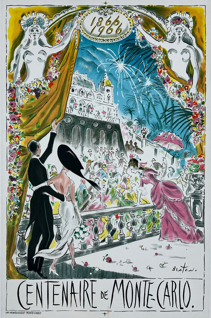 Centenaire De Monte Carlo Poster by Cecil Beaton Original 1966 Vintage French Travel Lithograph Advertisement Linen Backed.