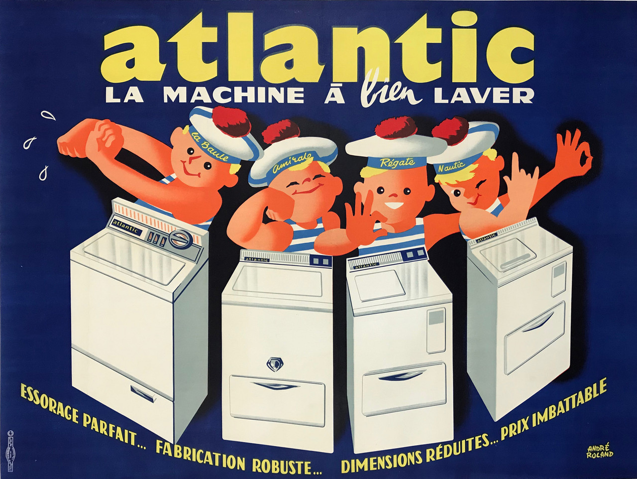 Atlantic La Machine a Bien Laver by Andre Roland Original 1950 Vintage French Wash Machine Company Advertisement Linen Backed.