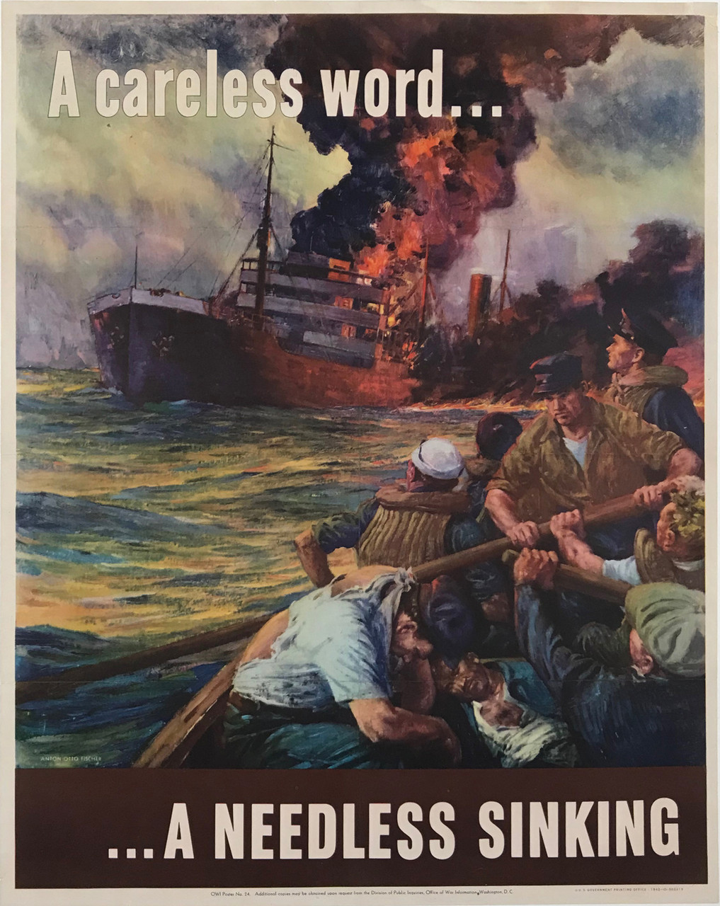 A Careless World... A Needless Sinking by Anton Otto Fischer Original 1942 Vintage World War 2 American Propaganda Advertisement Poster Linen Backed. 