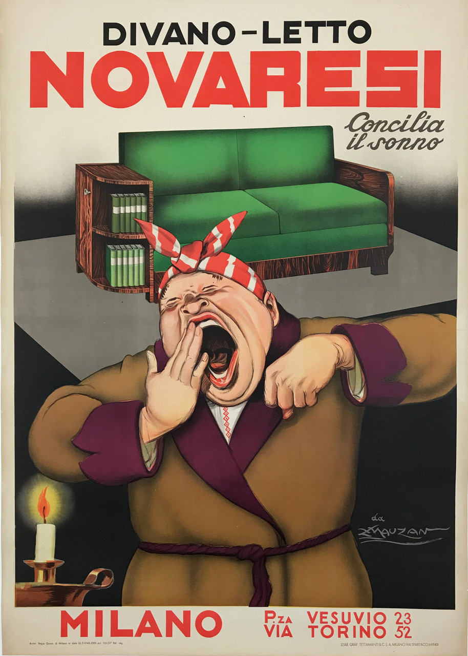 Novaresi Milano Printed by Tettamanti After Mauzan Original 1940 Vintage Italian Furniture Advertisement Stone Lithograph Poster Linen Backed.