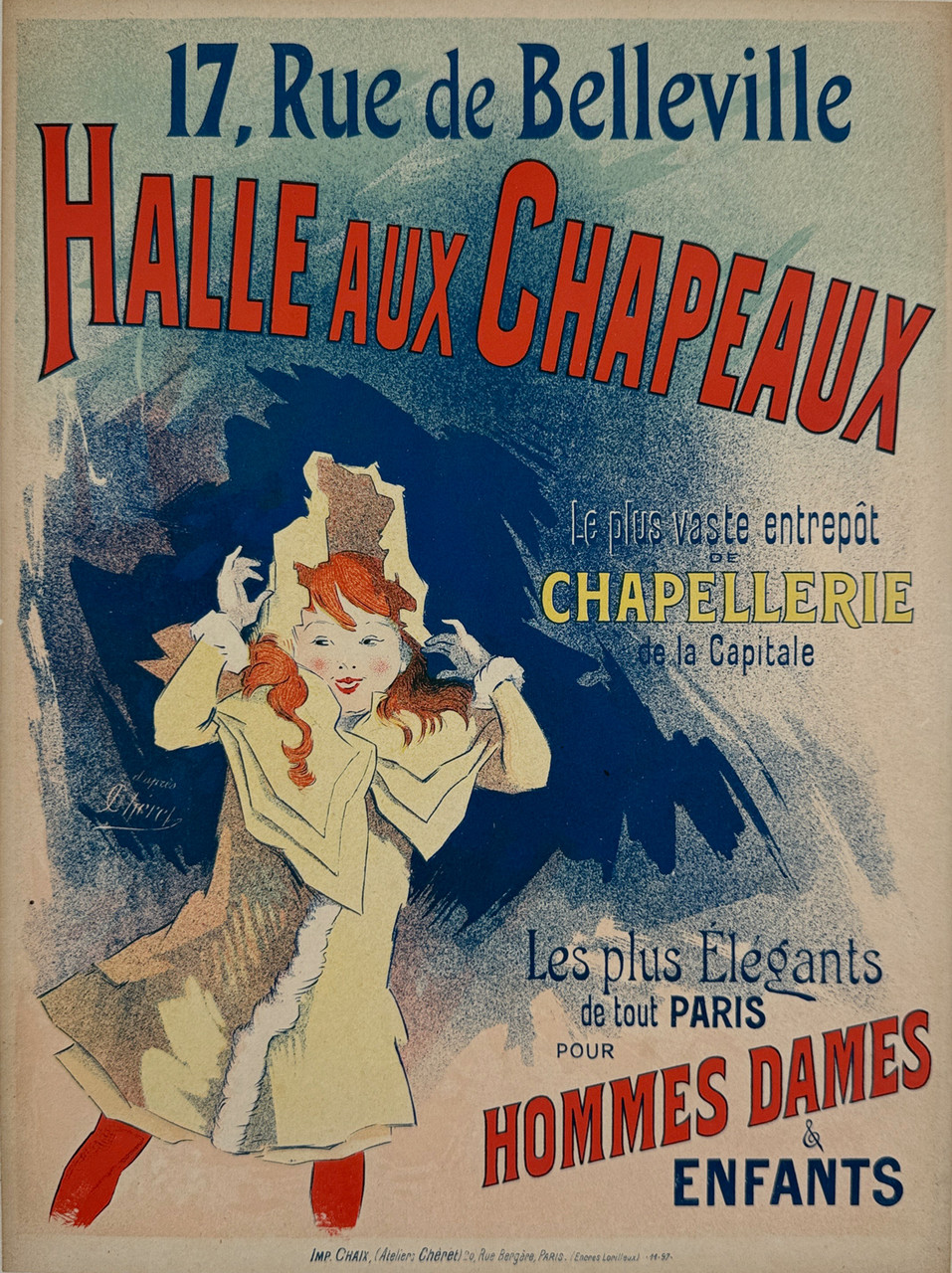 Halle Aux Chapeaux Pour Hommes Dames & Enfants Poster By Jules Cheret Original 1897 Vintage French Hat Company Stone Lithograph Advertisement Linen Backed.