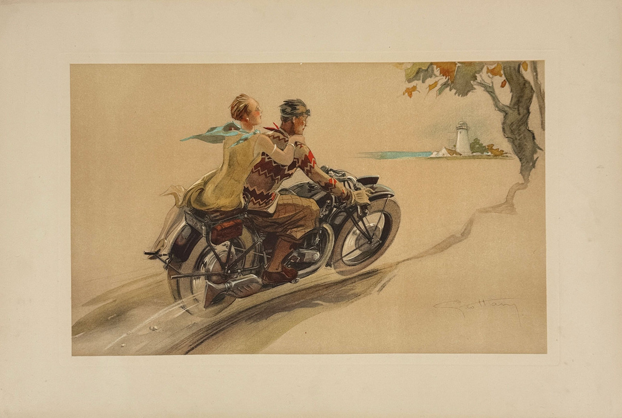 Couple A Moto La Balade Poster By Geo Ham Original 1930 Vintage French Decorative Panel Stone Lithograph.
