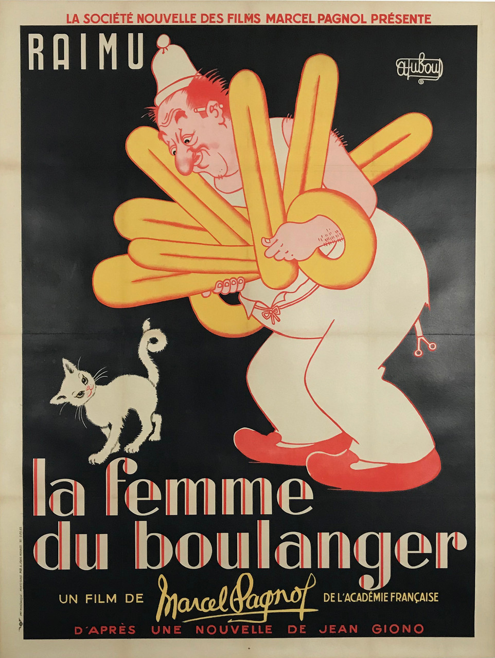La Femme du Boulanger by Albert Dubout Original 1951 Vintage French Re Release Movie Poster Lithograph Linen Backed. The Baker's Wife Directed by Marcel Pagnol with Raimu