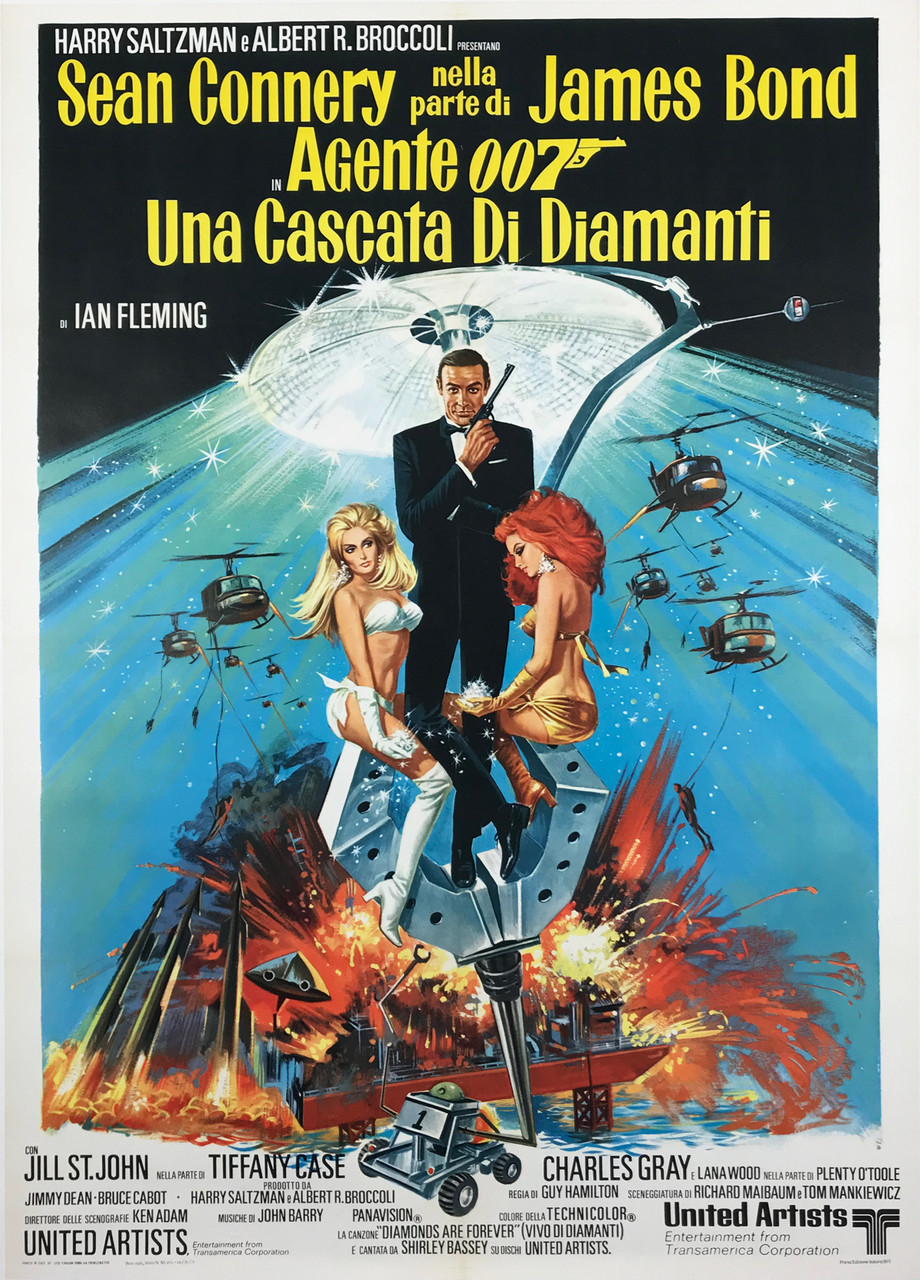 Diamonds Are Forever Sean Connery James Bond 007 by Robert McGinnis Original 1971 Vintage Italian Release Movie House Poster Linen Backed. 