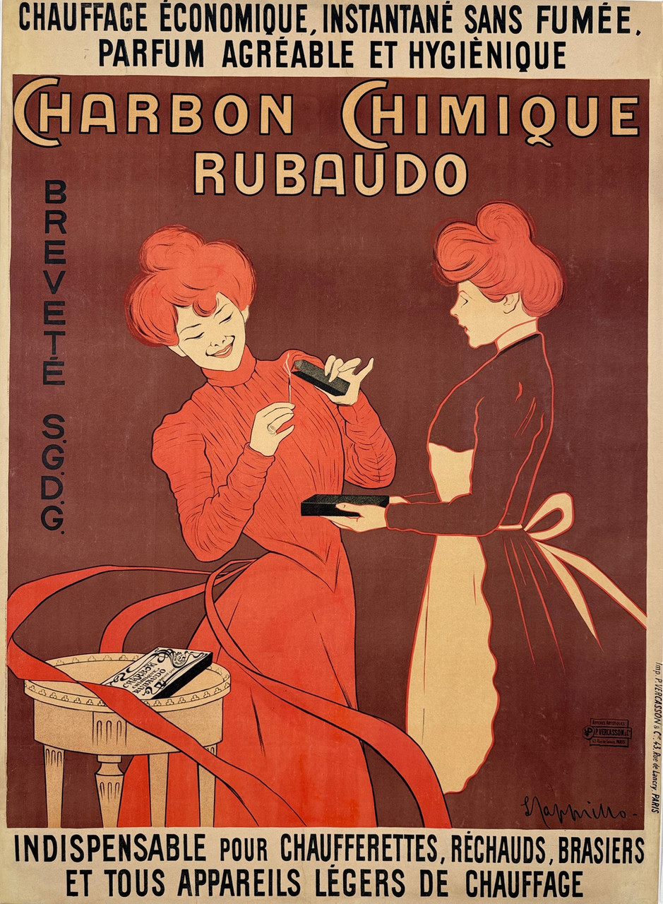 Charbon Chimique Rubaudo Poster By Leonetto Cappiello Original 1903 Vintage French Match Stick Company Stone Lithograph Advertisement Linen Backed.