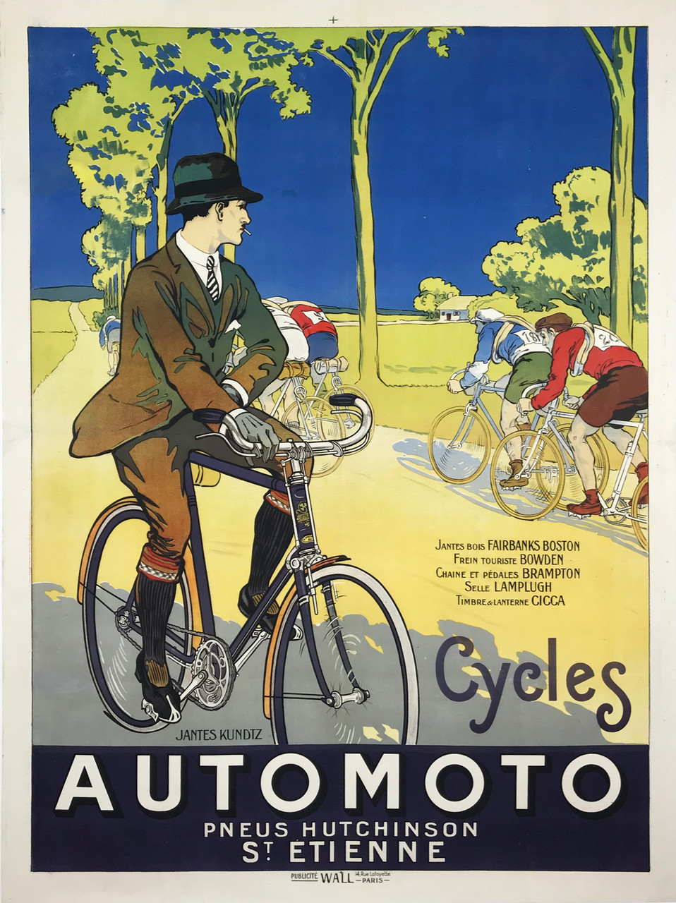 Cycles  Automoto Bike Company Original 1923 Vintage French Bike Company Advertisement Stone Lithograph Poster Linen Backed.  Cycle Was Special BH Called Anglais With Jantes Kundtz Wooden Wheel Rims and Pneu Hutchinson Pneumatic Tires.