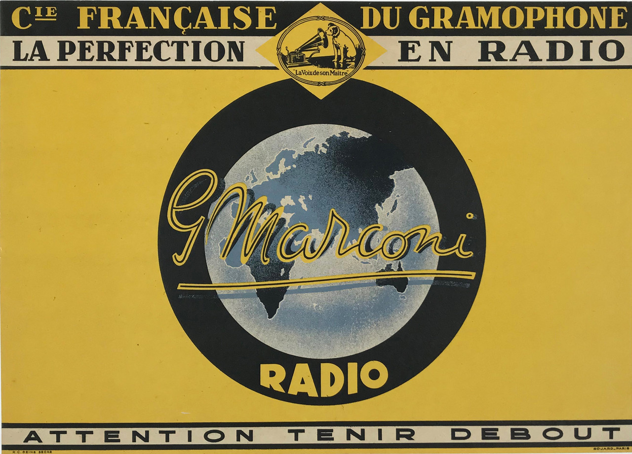 Radio Marconi Original 1930 Vintage French Gramophone Company Stone Lithograph Advertisement Poster Linen Backed.