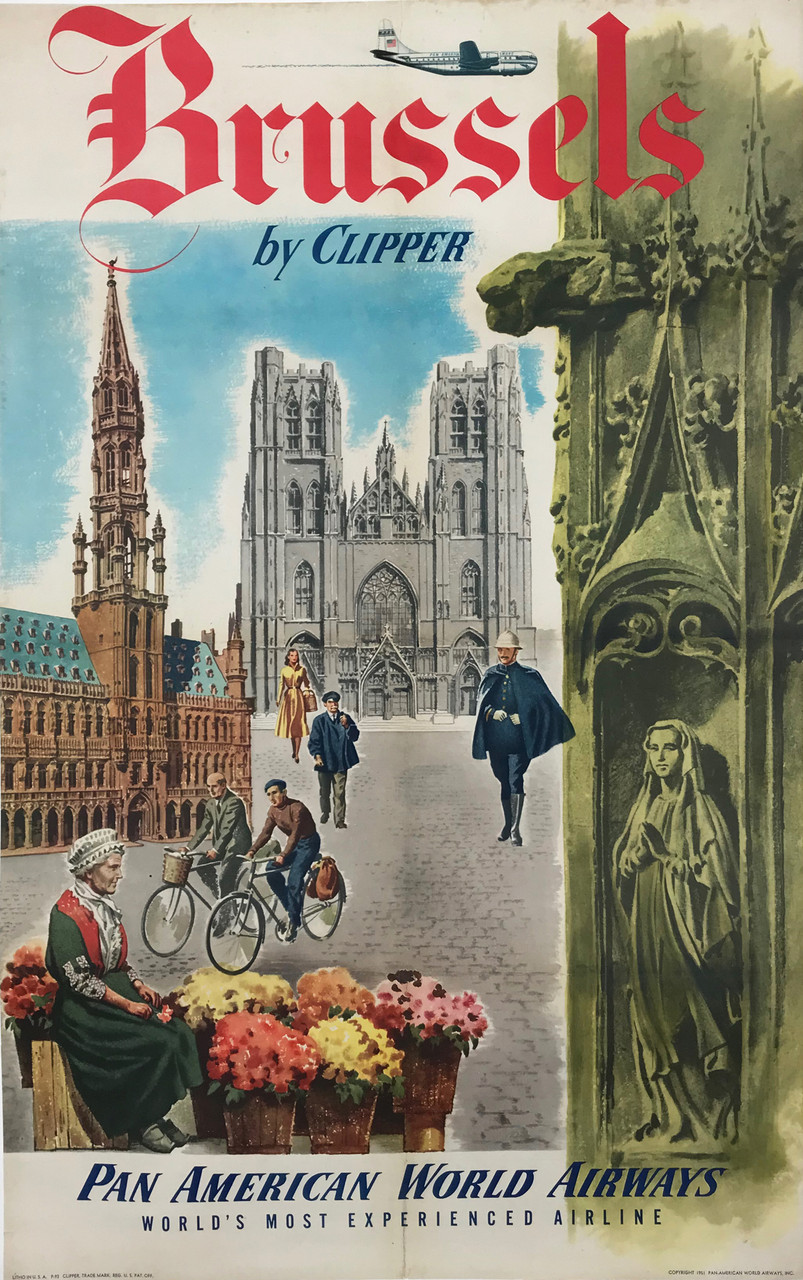 Brussels by Clipper Pan American World Airways Original 1951 Vintage American Passenger Plane Travel Advertisement Poster Linen Backed.