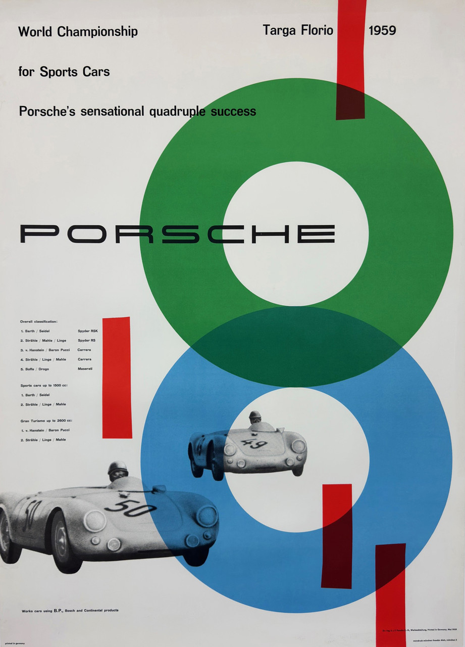 Porsche Targa Florio 1959 World Championship Designed by Theodor Dietz Original Vintage German Promotional Advertisement Poster Linen Backed. First Porsche World Championship Race Win in there 718 RS K Sports Racing Car.