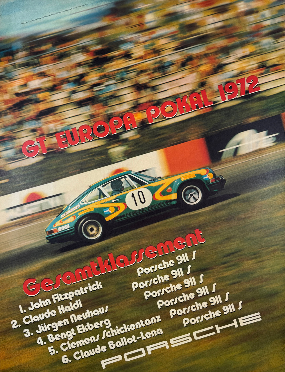 Porsche GT Europa Pokal 1972 Poster Photo by Kraling Original Vintage German Car Racing Promotional Lithograph Advertisement Linen Backed.