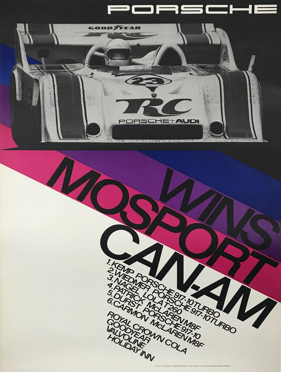 Porsche Wins Mosport Can Am Photo by Reichert Original 1973 Vintage German Strenger Promotional Lithograph Advertisement Linen Backed.