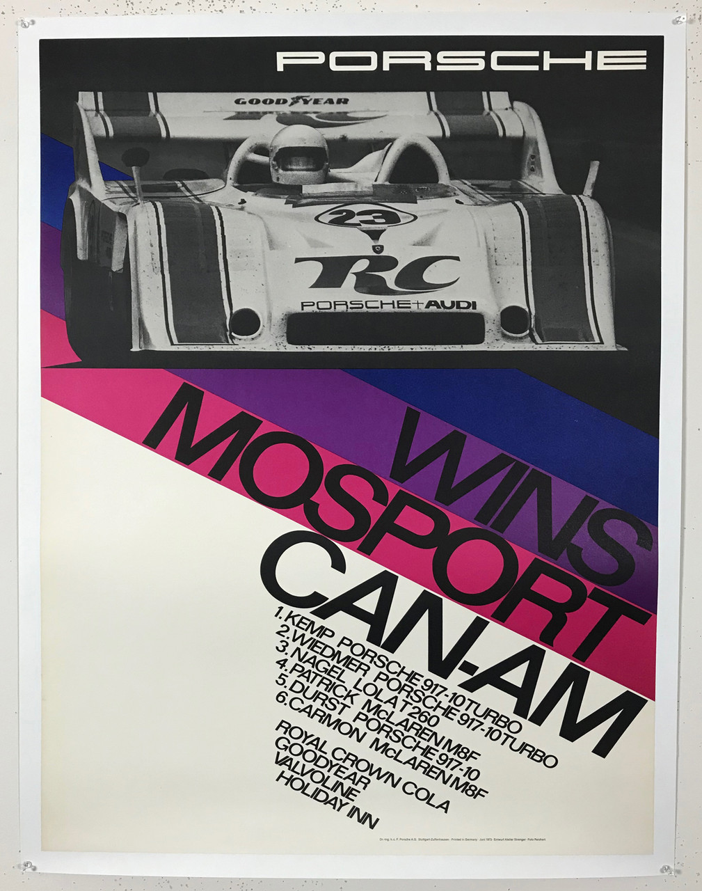 Porsche Wins Mosport Can Am Poster. Photo By Reichert Original 1973 Vintage German Strenger Promotional Lithograph Advertisement Linen Backed.