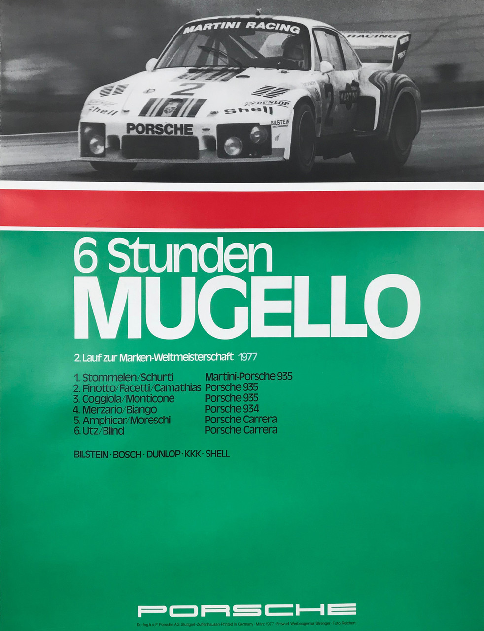Porsche 6 Stunden Mugello Poster - Photo By Reichert Original 1977 Vintage German Strenger Car Racing Promotional Lithograph Advertisement  Linen Backed.