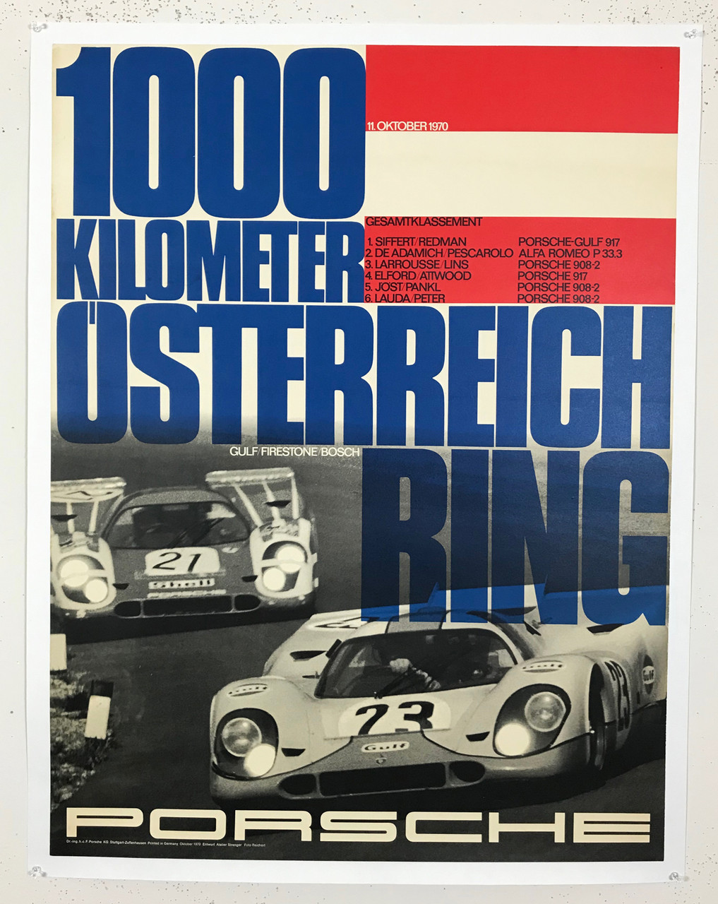 Porsche 1000 Kilometer Osterreich Ring Poster By Reichert Original 1970 Vintage German Strenger Printing Car Racing  Promotional Lithograph Advertisement Linen Backed.