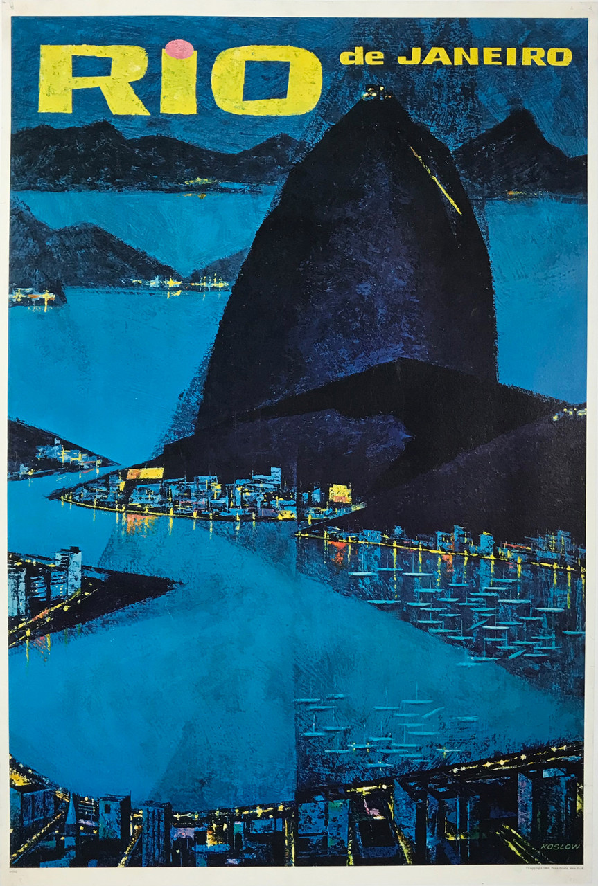 Rio De Janeiro by Howard Koslow Original 1963 Vintage New York Printed Travel Poster Linen Backed.