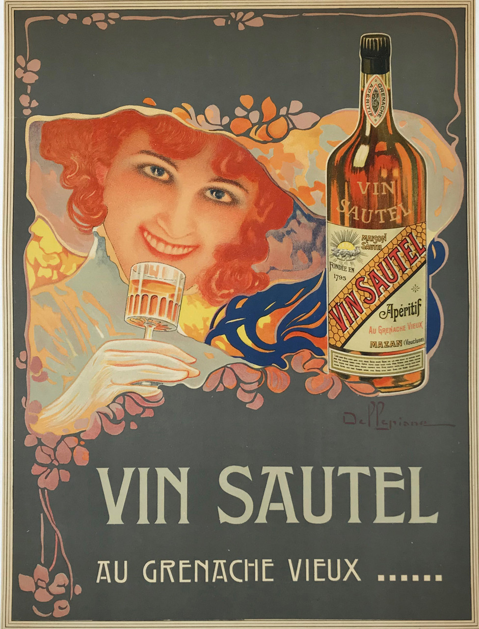 Vin Sautel Aperitif Poster by D. Dellepiane Original 1900 Vintage French Wine Company Stone Lithograph Advertisement Linen Backed. Aperitif Made From Aged Grenache Wine