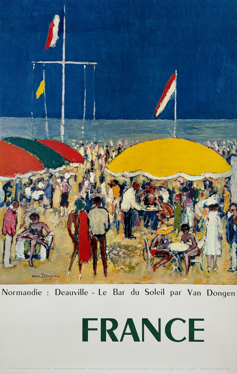 Normandie-Deauville France, Le Bar Du Soleil Poster By Van Dongen Original 1960 Vintage French Travel Lithograph Advertisement Linen Backed.