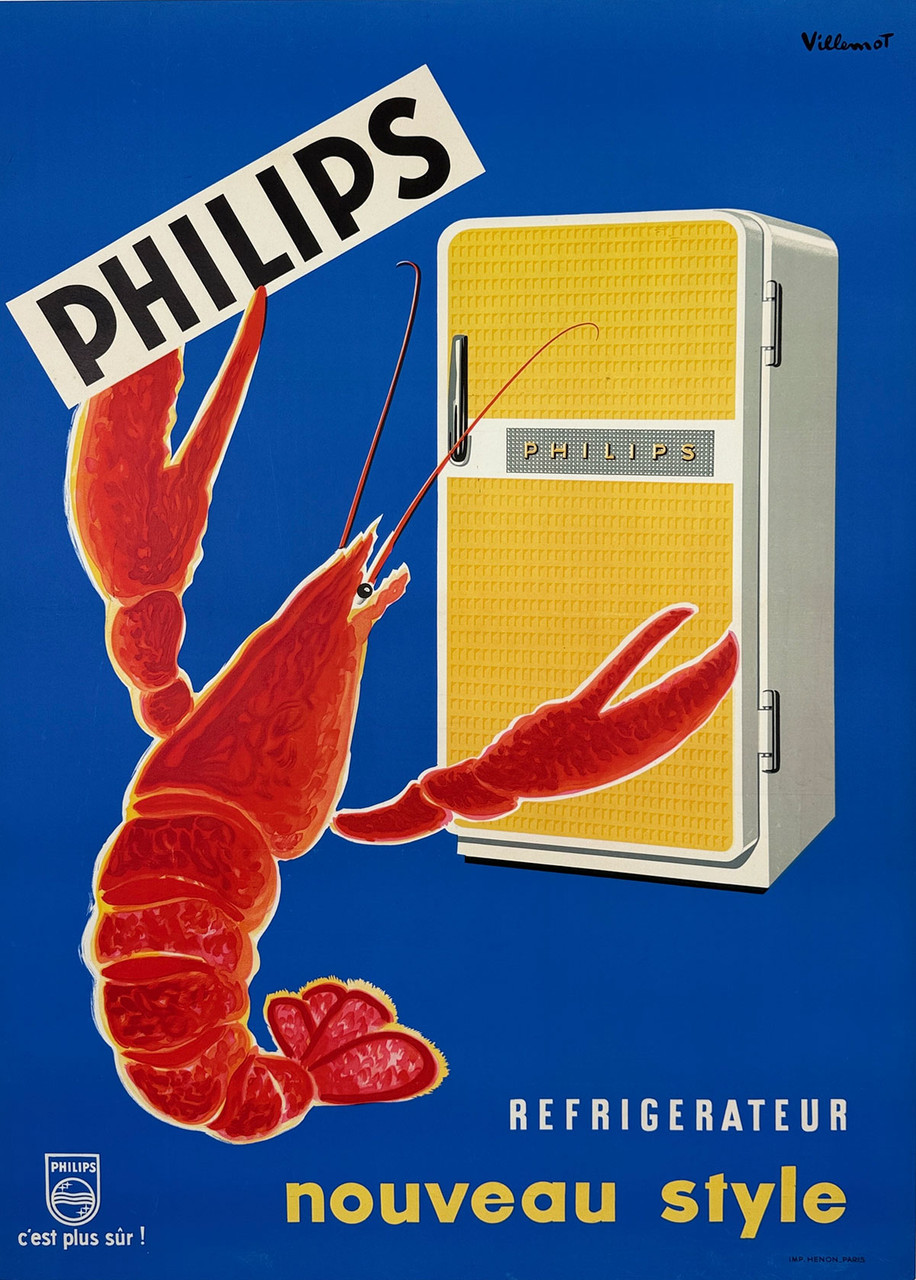 Philips Refrigerateur Lobster Poster By Bernard Villemot Original 1960 Vintage French Kitchen Appliance Plate Lithograph Advertisement Linen Backed.
