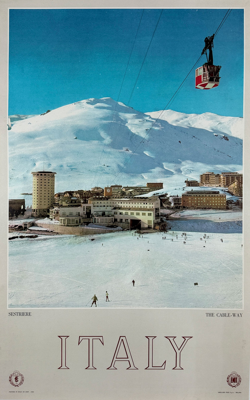 Sestriere Ski Poster By Amilcare Pizzi Original 1962 Vintage Italian Tourism Board Lithograph Advertisement Linen Backed. Sestriere Ski Poster By Amilcare Pizzi Original 1962 Vintage Italian Tourism Board Lithograph Advertisement Linen Backed.