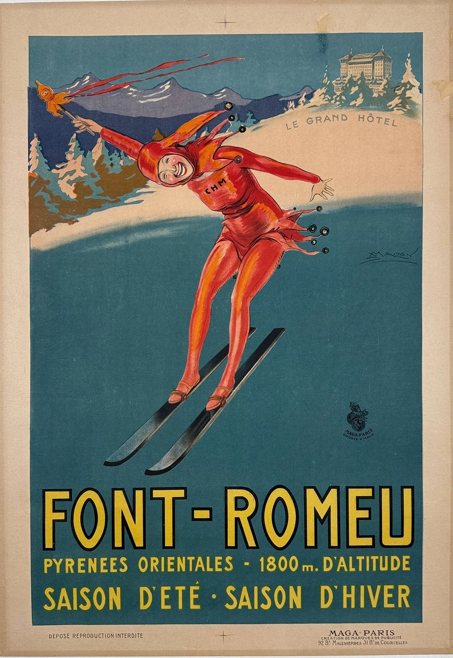 Font Romeu Poster By Achille Mauzan Original 1923 Vintage French Resort Hotel Stone Lithograph Advertisement Linen Backed.